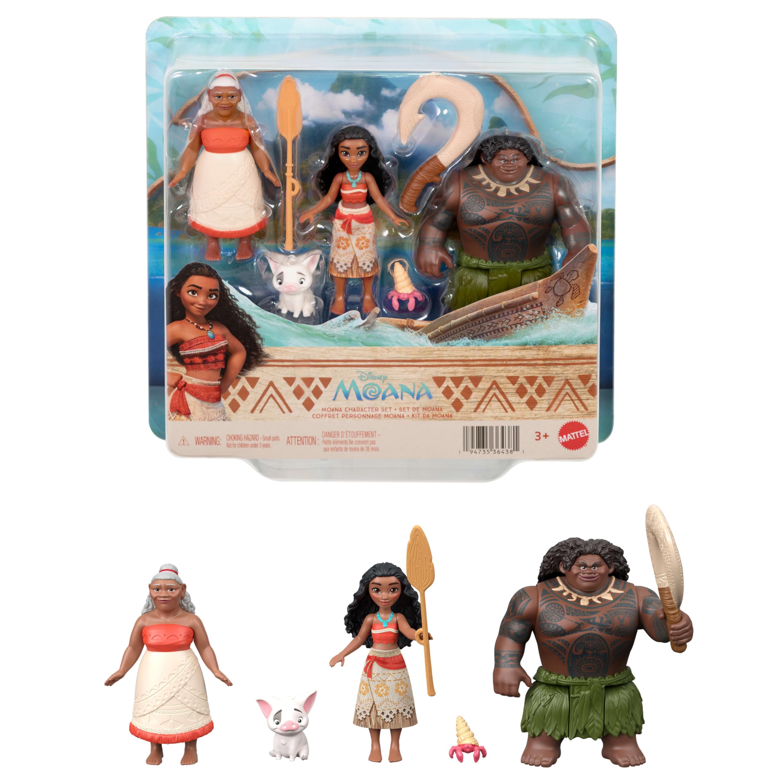 Mattel Moana vista frontal del empaque que muestra las muñecas y accesorios, ideal para regalo