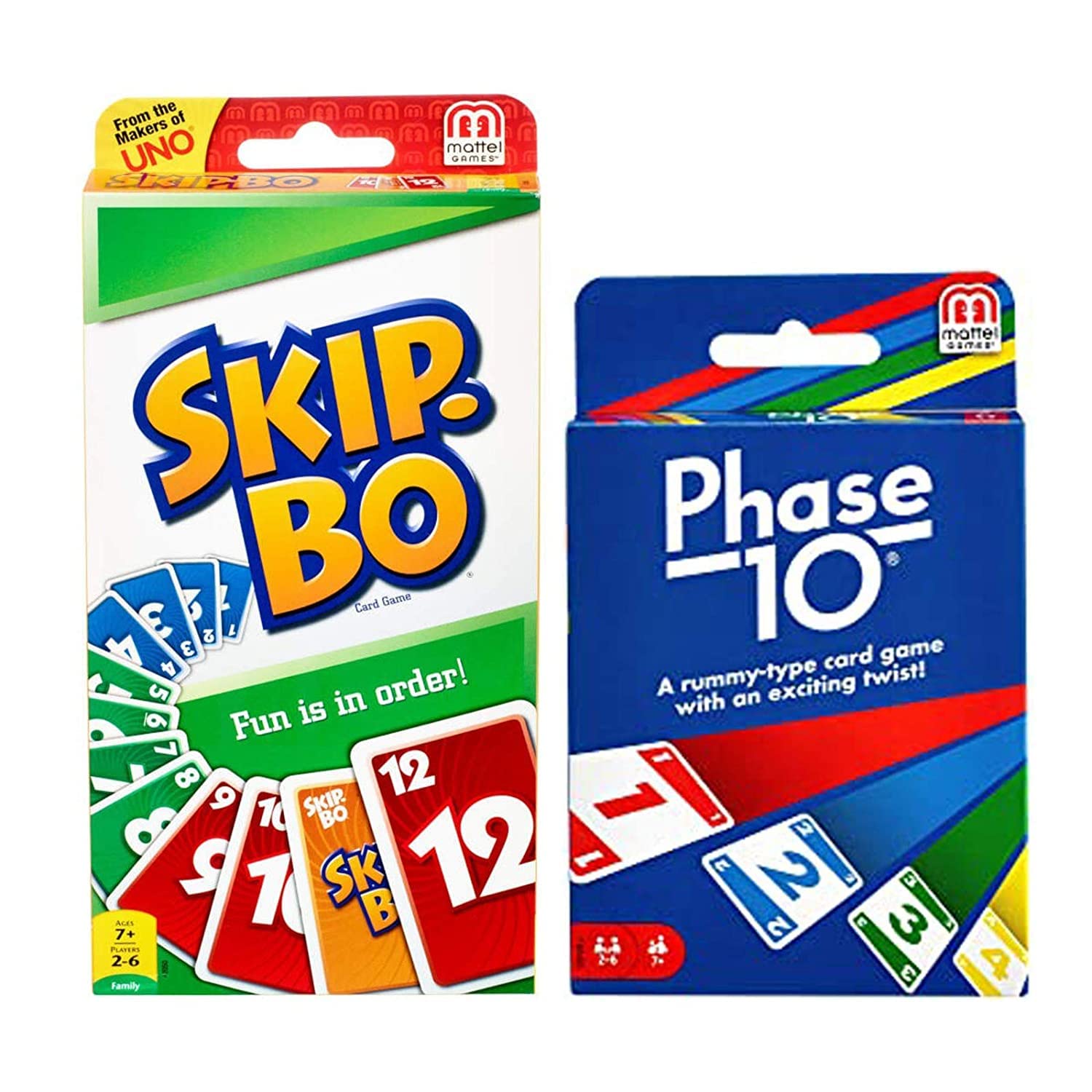 Mattel empaque frontal de Phase 10 y Skip-Bo mostrando el contenido y diversión familiar