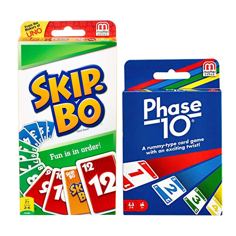 Mattel empaque frontal de Phase 10 y Skip-Bo mostrando el contenido y diversión familiar