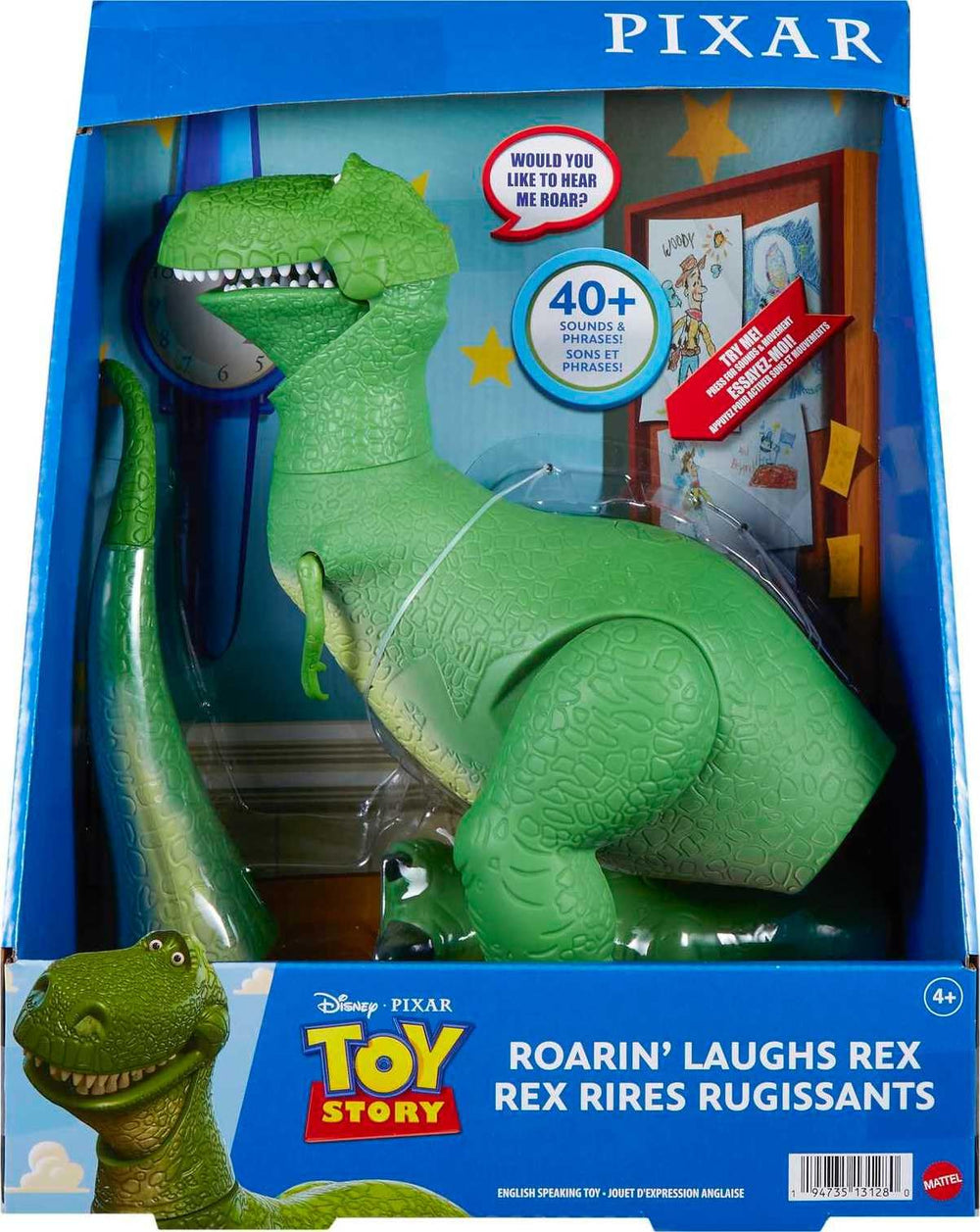 Niño jugando con Mattel Rex en sala ilustrando interacción familiar