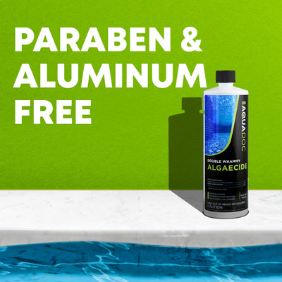 MAV AquaDoc bottle beside a clean pool showing practical poolside use benefits