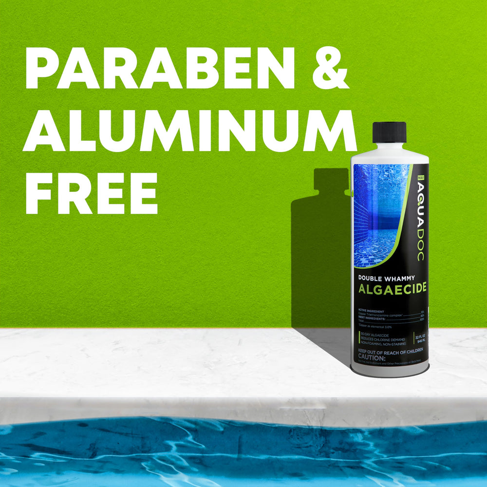 MAV AquaDoc bottle beside a clean pool showing practical poolside use benefits