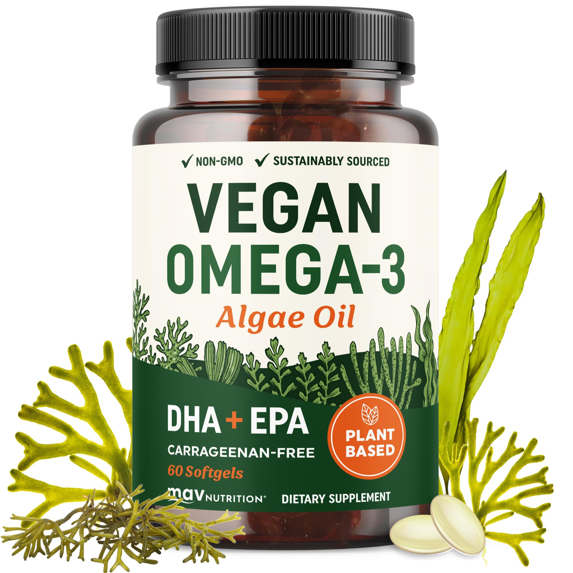 MAV NUTRITION envase frontal mostrando cápsulas y beneficio vegano