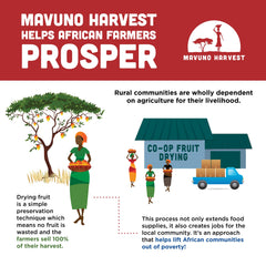 Mavuno Harvest bolsa de 1 lb junto a frutas para comparar tamaño práctico