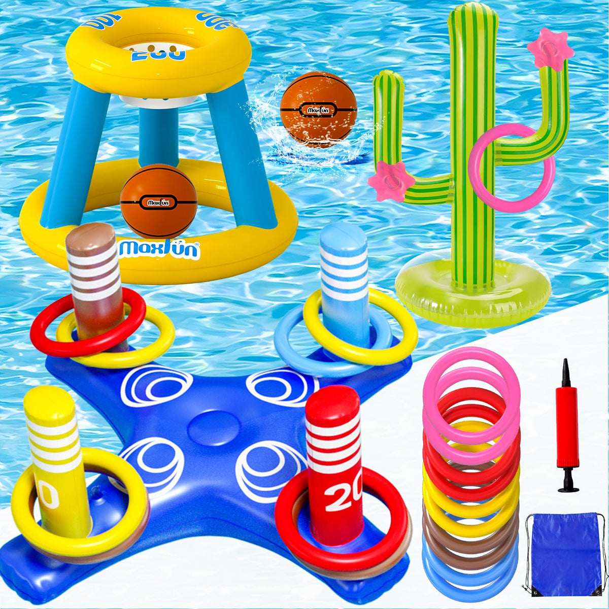 Max Fun paquete frontal mostrando todo el contenido para juegos acuáticos