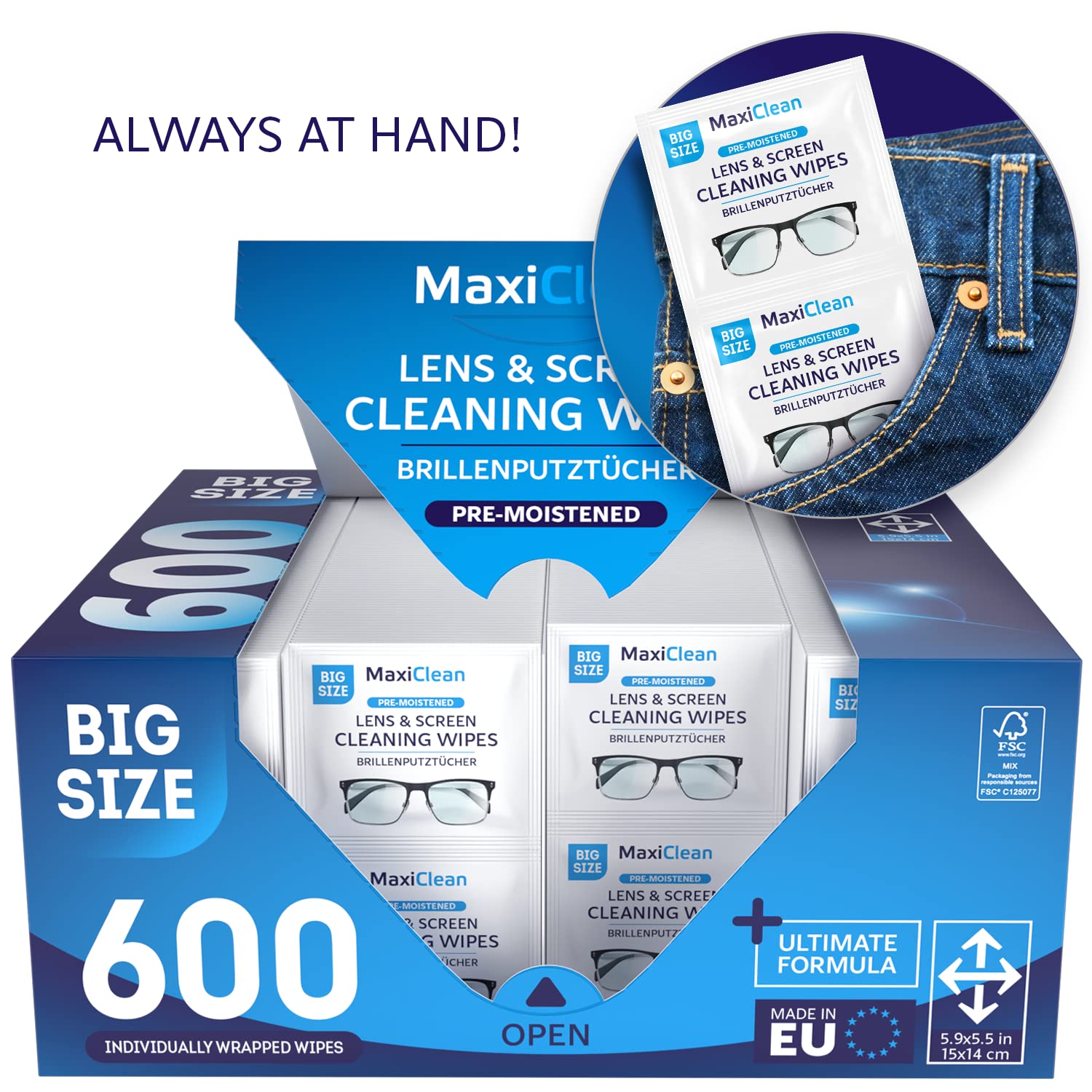 Maxi Clean toallita junto a moneda para comparar tamaño práctico