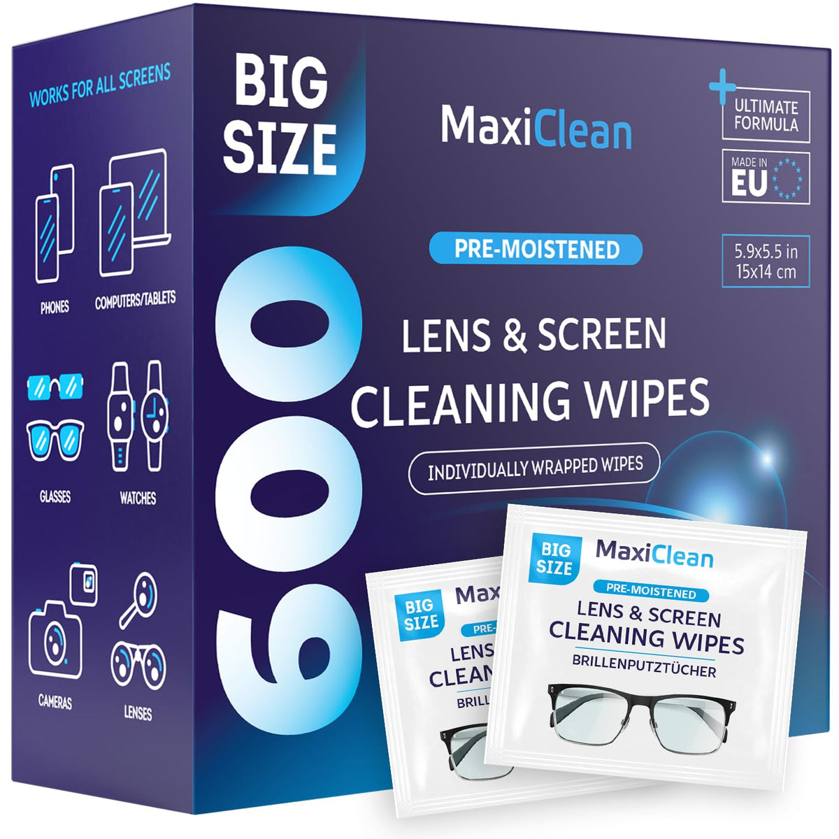 Maxi Clean paquete frontal mostrando caja y cantidad, fácil almacenamiento