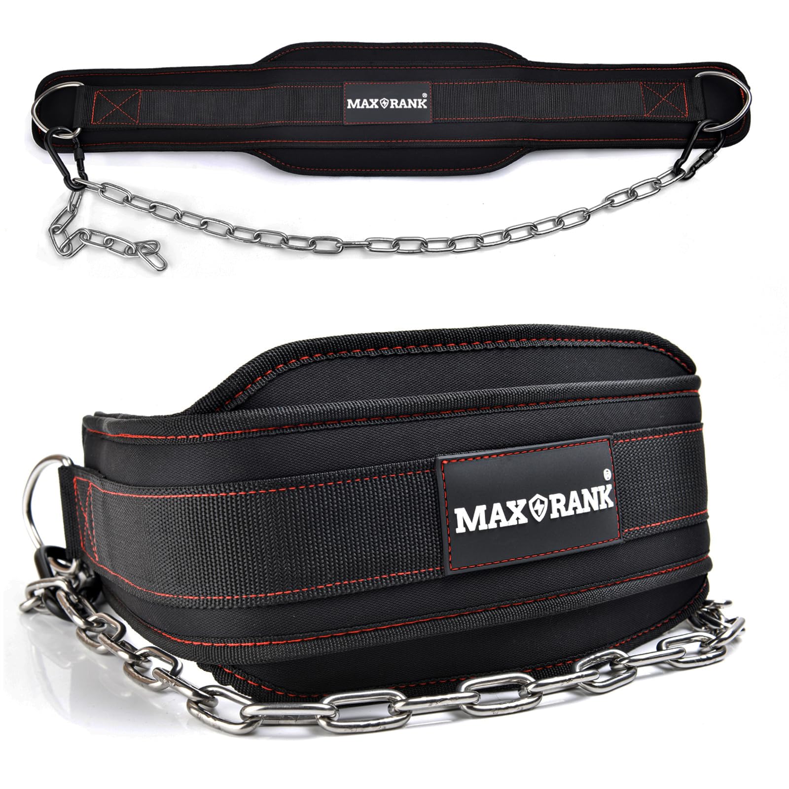 MAXRANK cinturón dip vista frontal con correa de nylon resistente para soporte seguro