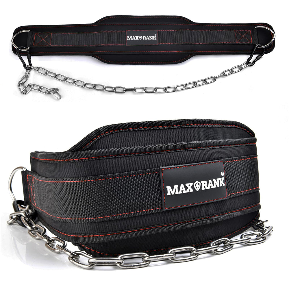 MAXRANK cinturón dip vista frontal con correa de nylon resistente para soporte seguro