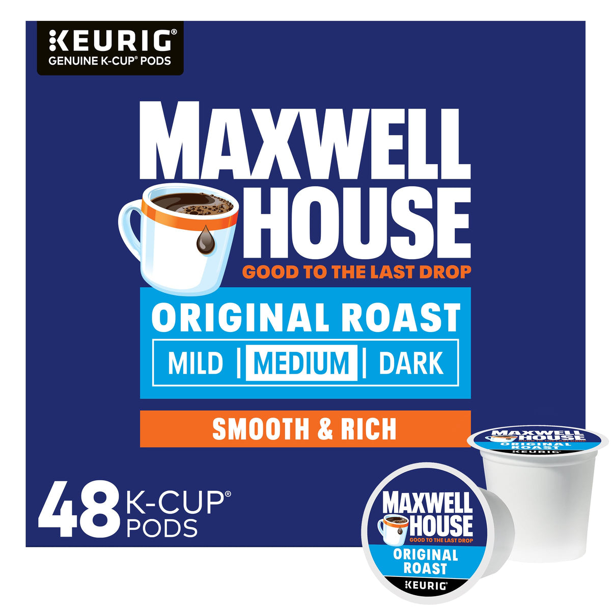 Maxwell House caja frontal 48 cápsulas mostrando conveniencia