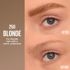 MAYBELLINE primer plano de la punta micro-aguja mostrando finos trazos que imitan pelo natural