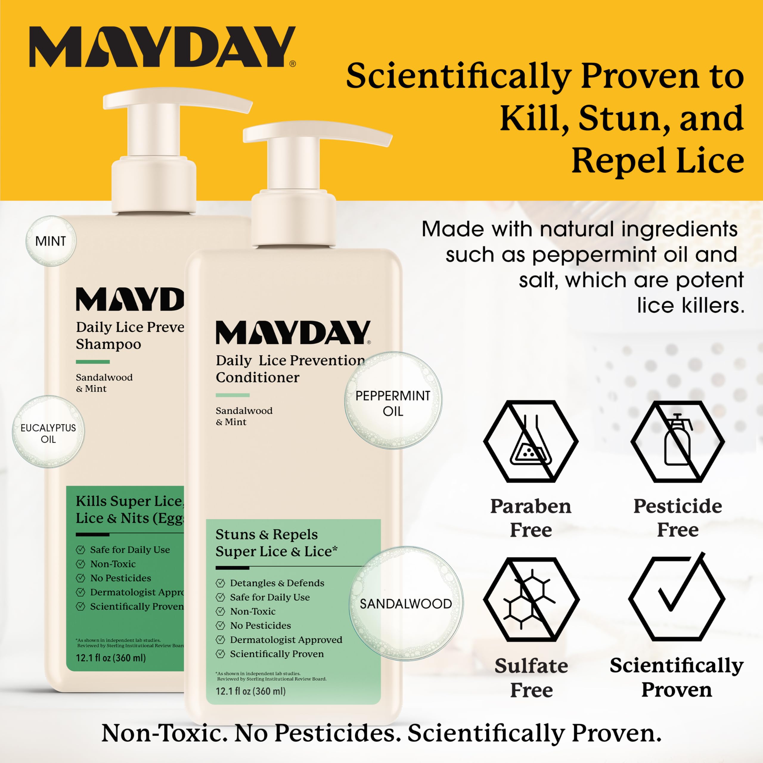 MAYDAY etiqueta con ingredientes, destaca sándalo y menta para calma