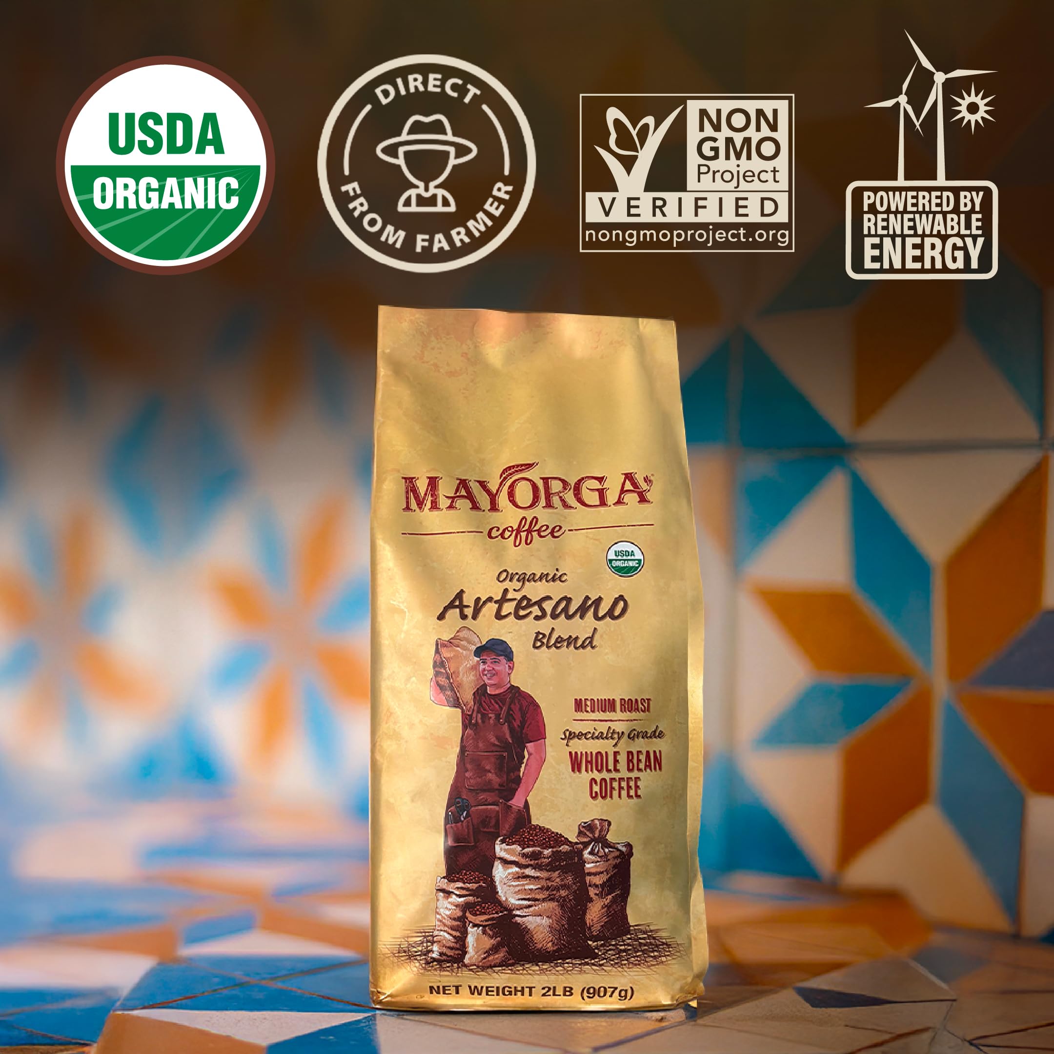 Mayorga bolsa 2 lb junto a taza para referencia de tamaño práctico