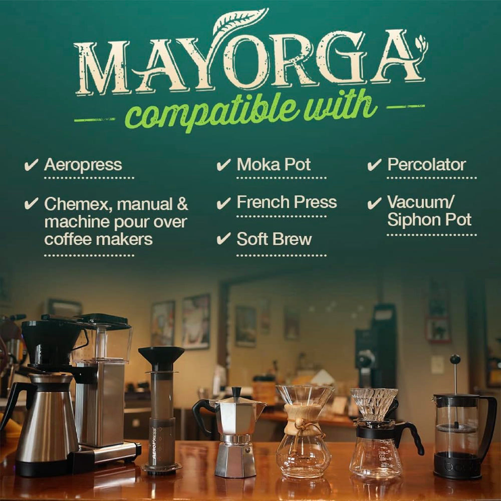 Mayorga brewed pour-over cup presenting aroma and balanced taste benefit