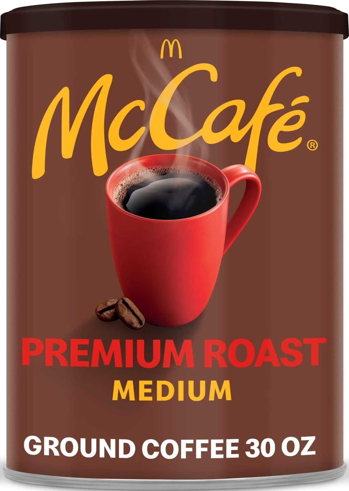 McCafé front canister showing 30 oz label and sturdy packaging benefits freshness