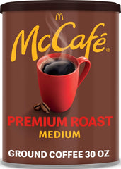 McCafé front canister showing 30 oz label and sturdy packaging benefits freshness