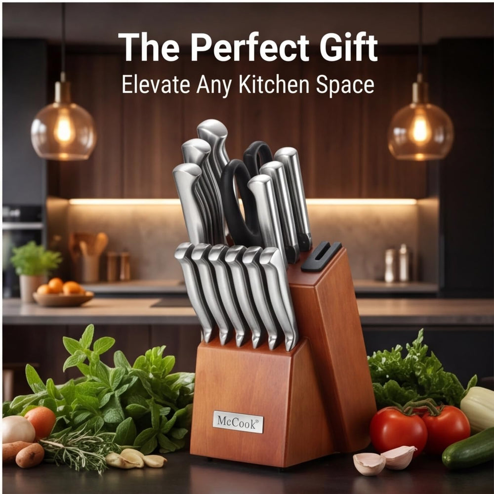 McCook knife block beside common kitchen items to show countertop scale