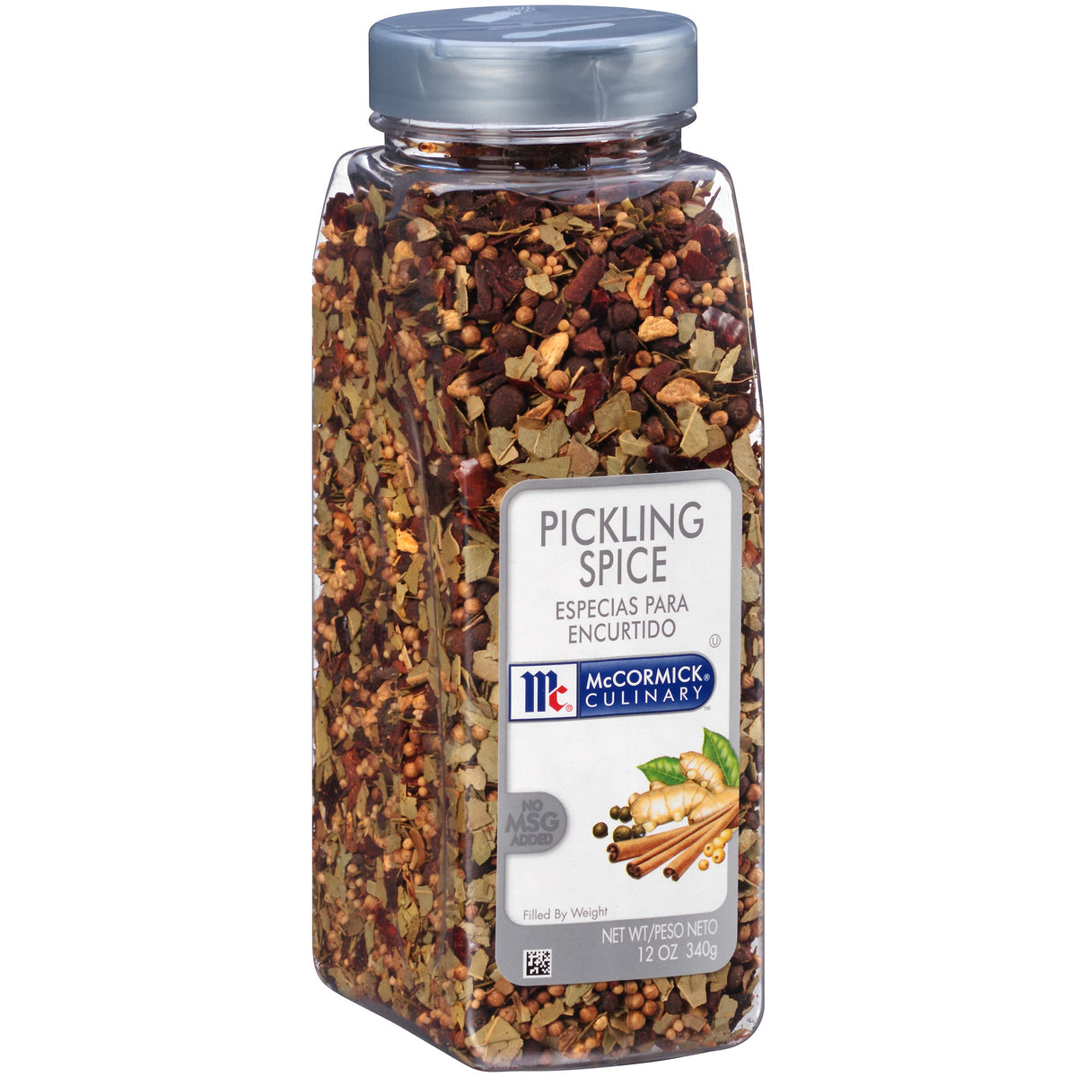 McCormick envase frontal de pickling spice muestra tamaño profesional y facilidad de uso