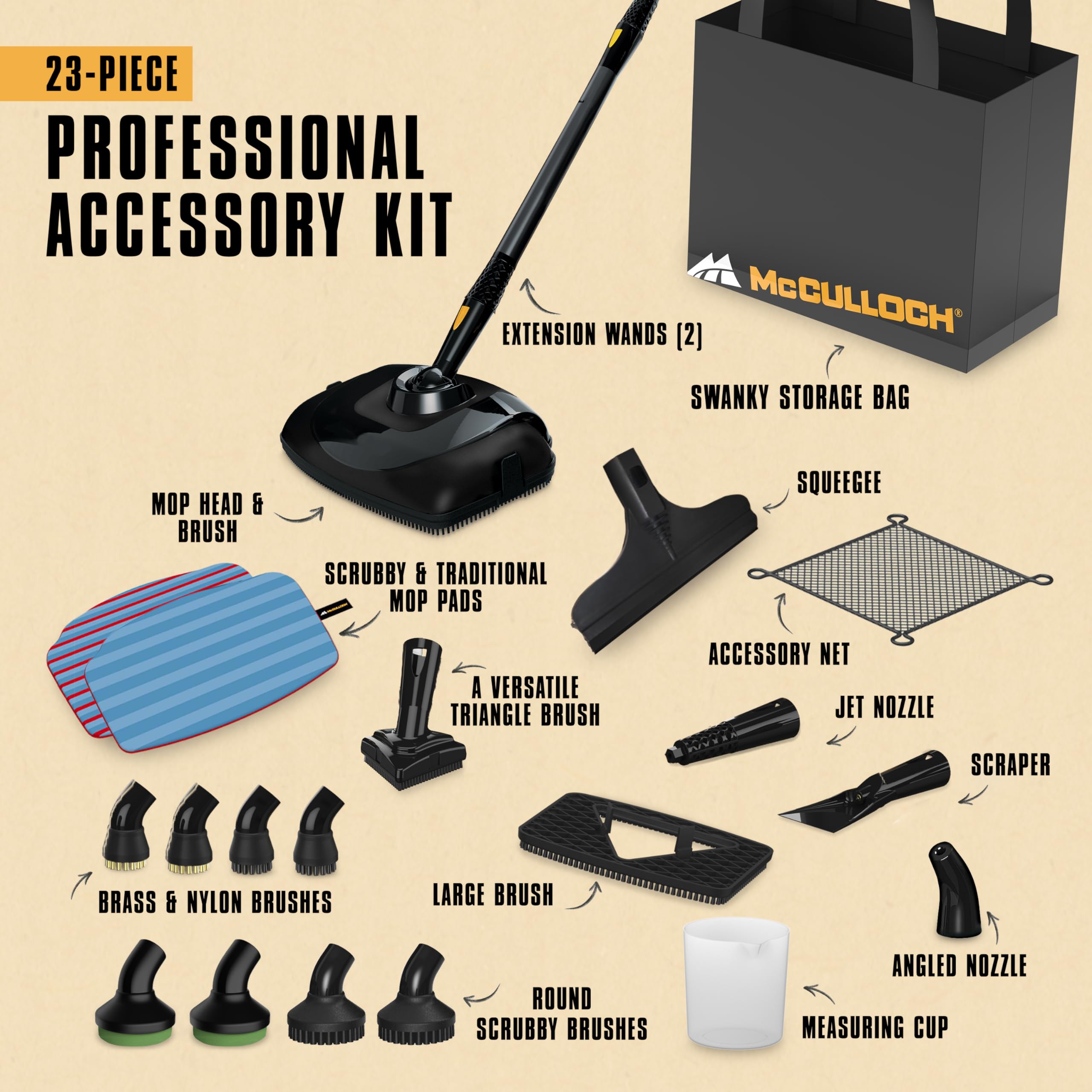 McCulloch MC1385 accesorios organizados mostrando 23 piezas para múltiples tareas