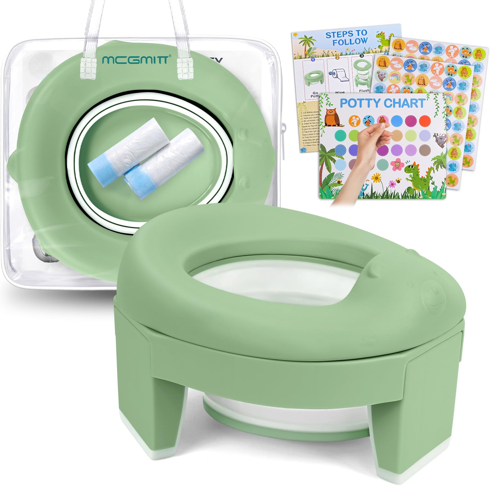 MCGMITT vista frontal del orinal plegable con embalaje y beneficios portátiles