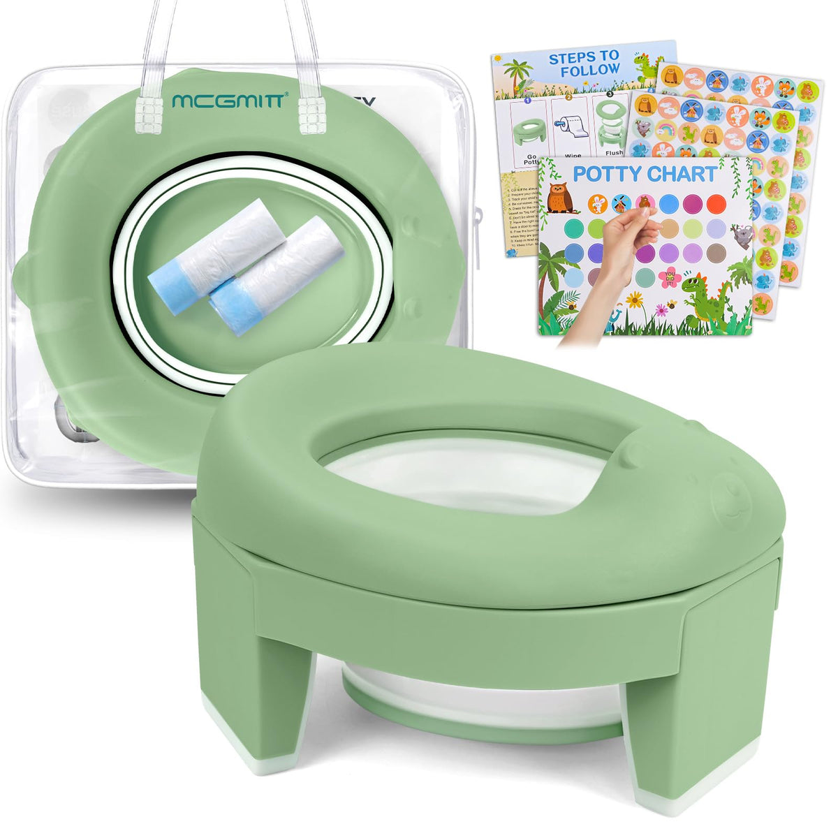 MCGMITT vista frontal del orinal plegable con embalaje y beneficios portátiles