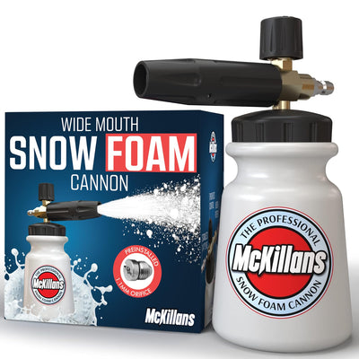 McKillans foam cannon in driveway wash lifestyle scene showing fast pre-soak efficiency