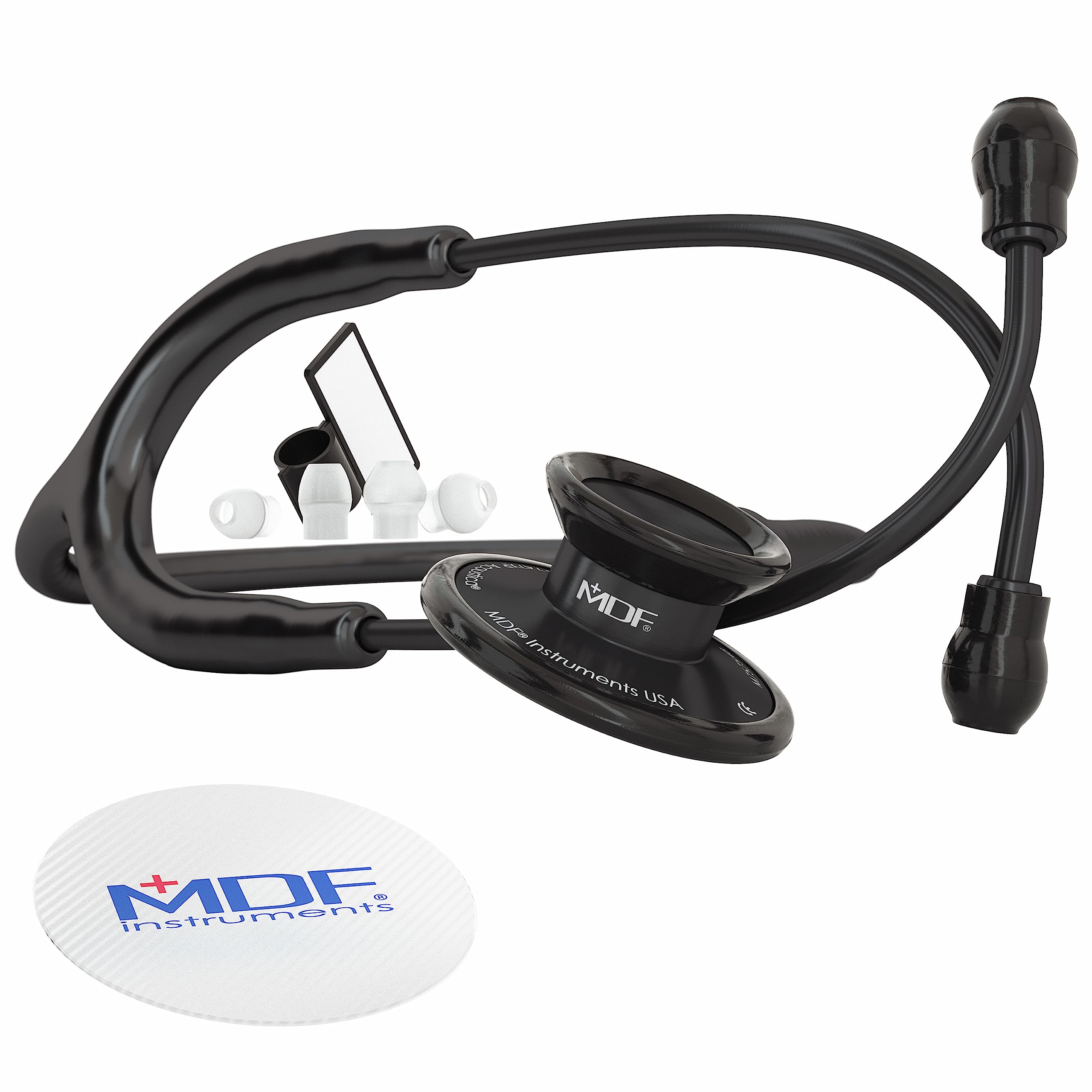 MDF Instruments Acoustica front view showing lightweight frame and black finish for portability