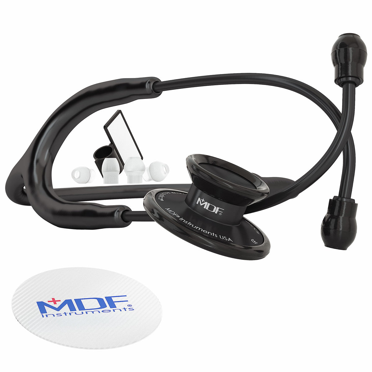 MDF Instruments Acoustica front view showing lightweight frame and black finish for portability