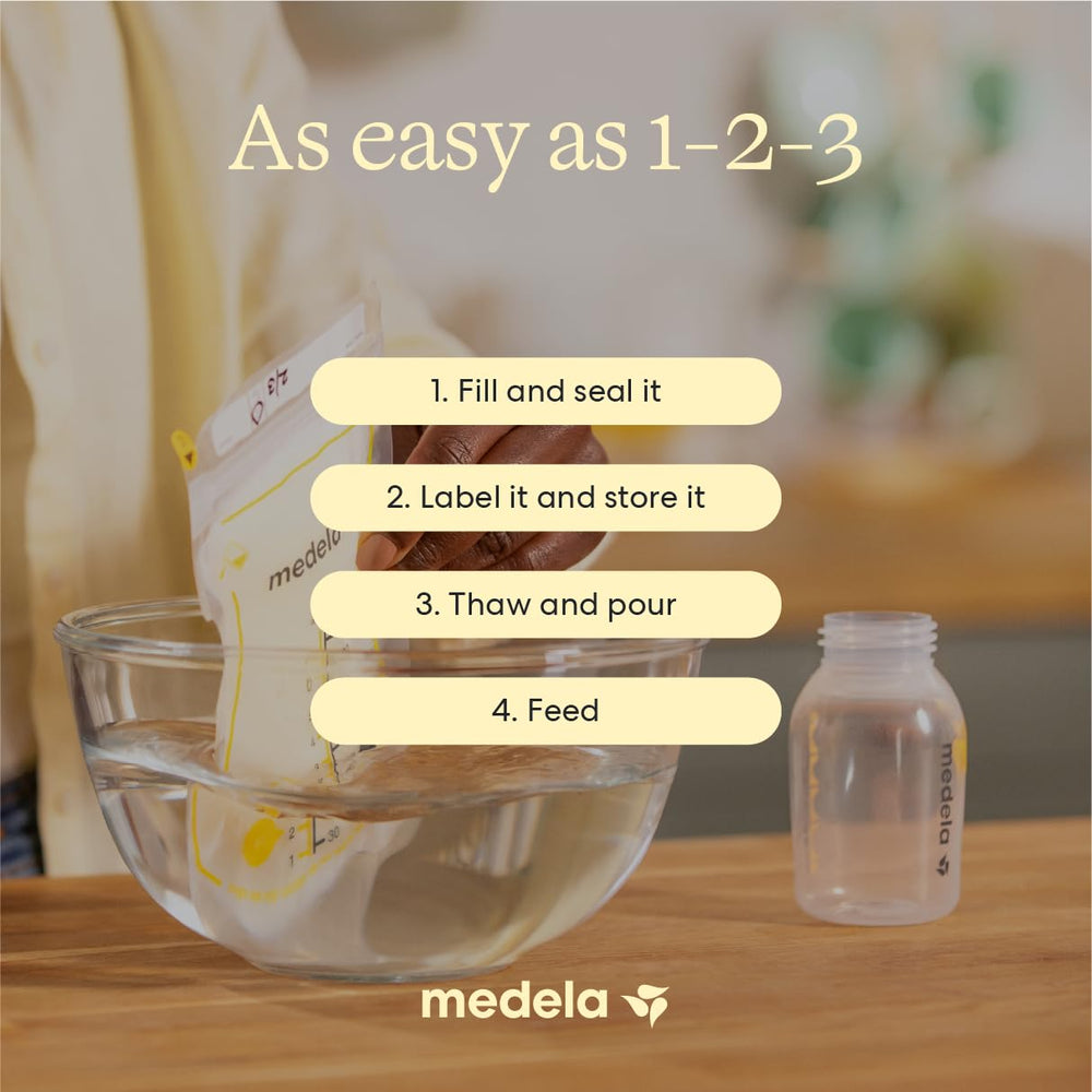 Medela bolsa en uso vertiendo leche en tetero sin contaminar