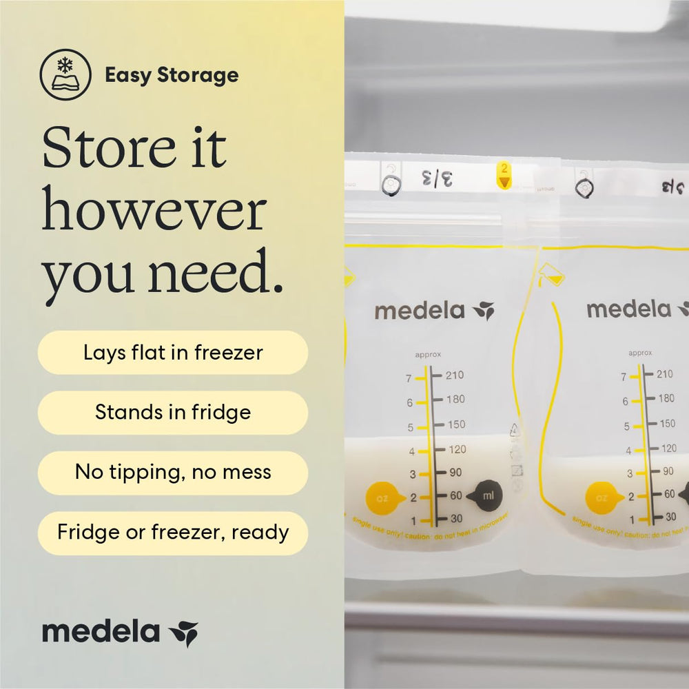 Medela bolsas apiladas en congelador optimizando espacio y rotación