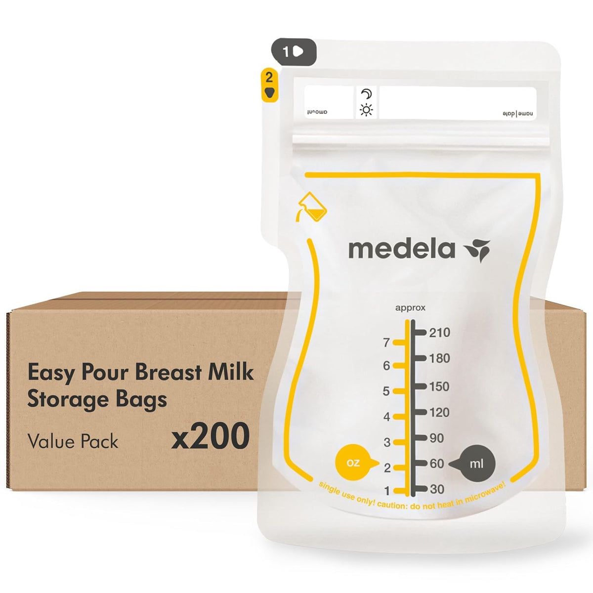 Medela caja frontal mostrando 200 bolsas listas para usar y ahorro de tiempo