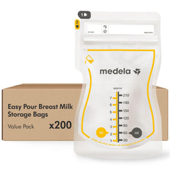 Medela caja frontal mostrando 200 bolsas listas para usar y ahorro de tiempo