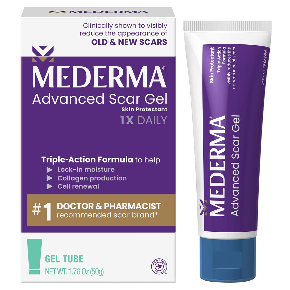 Mederma gel frente del tubo mostrando presentación y beneficio estético