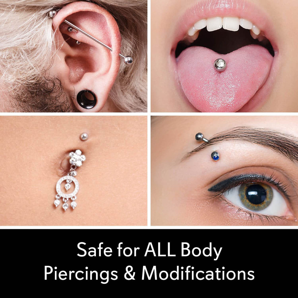 MediCleanse uso sobre piercing junto al lavabo para higiene rápida