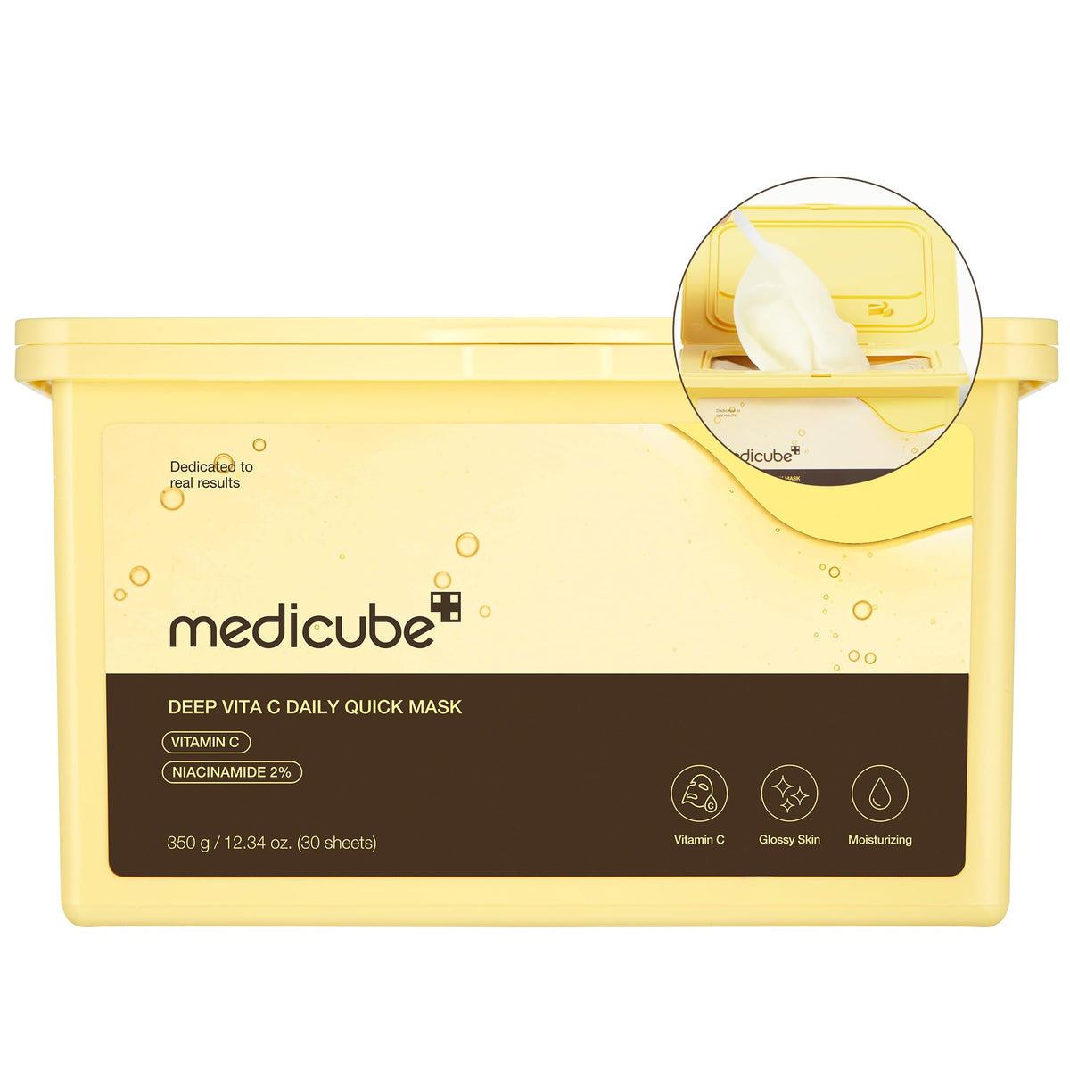 medicube packaging frontal con 30 mascarillas, conveniencia diaria