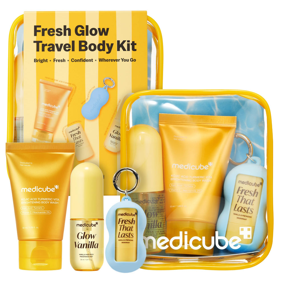 medicube frontal del embalaje del Fresh Glow Body Kit mostrando el set completo y beneficios de viaje