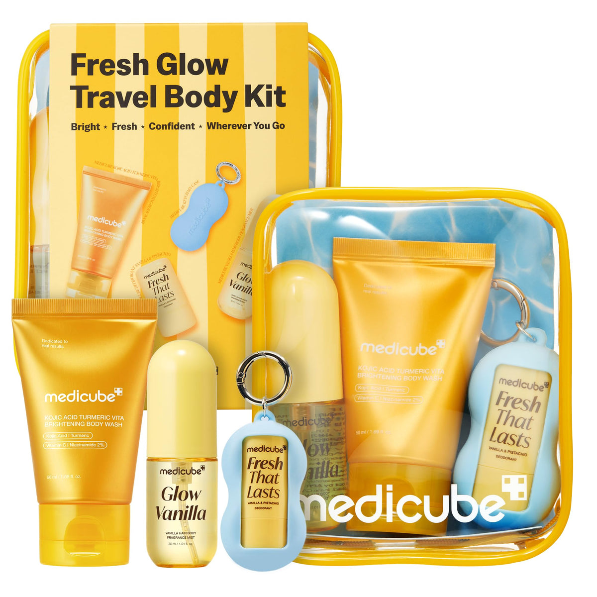 medicube frontal del embalaje del Fresh Glow Body Kit mostrando el set completo y beneficios de viaje