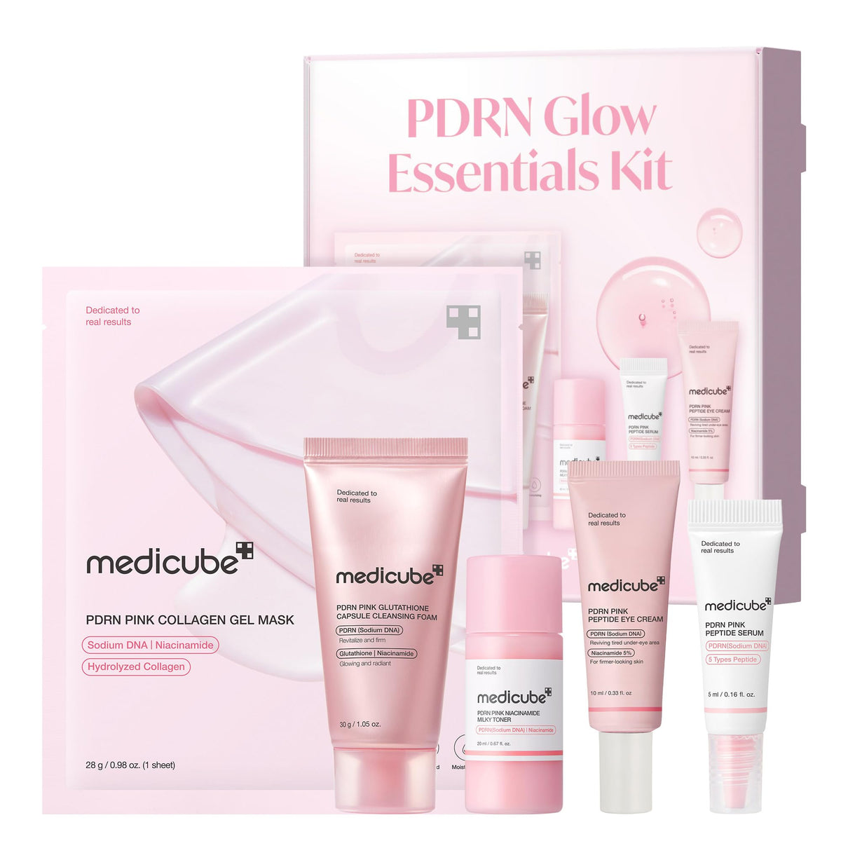 medicube kit pdrn presentación frontal mostrando todos los productos, conveniente para viaje
