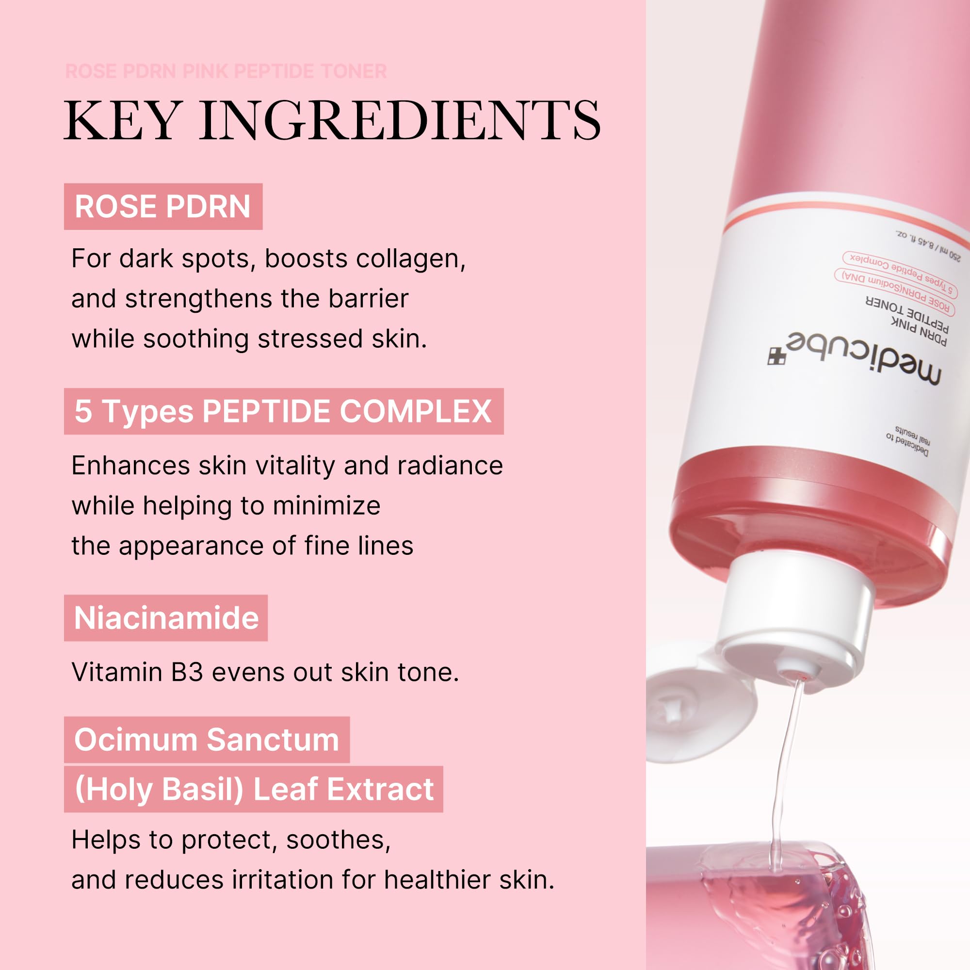 medicube tónico PDRN Rose detalle de etiqueta con ingredientes clave visible