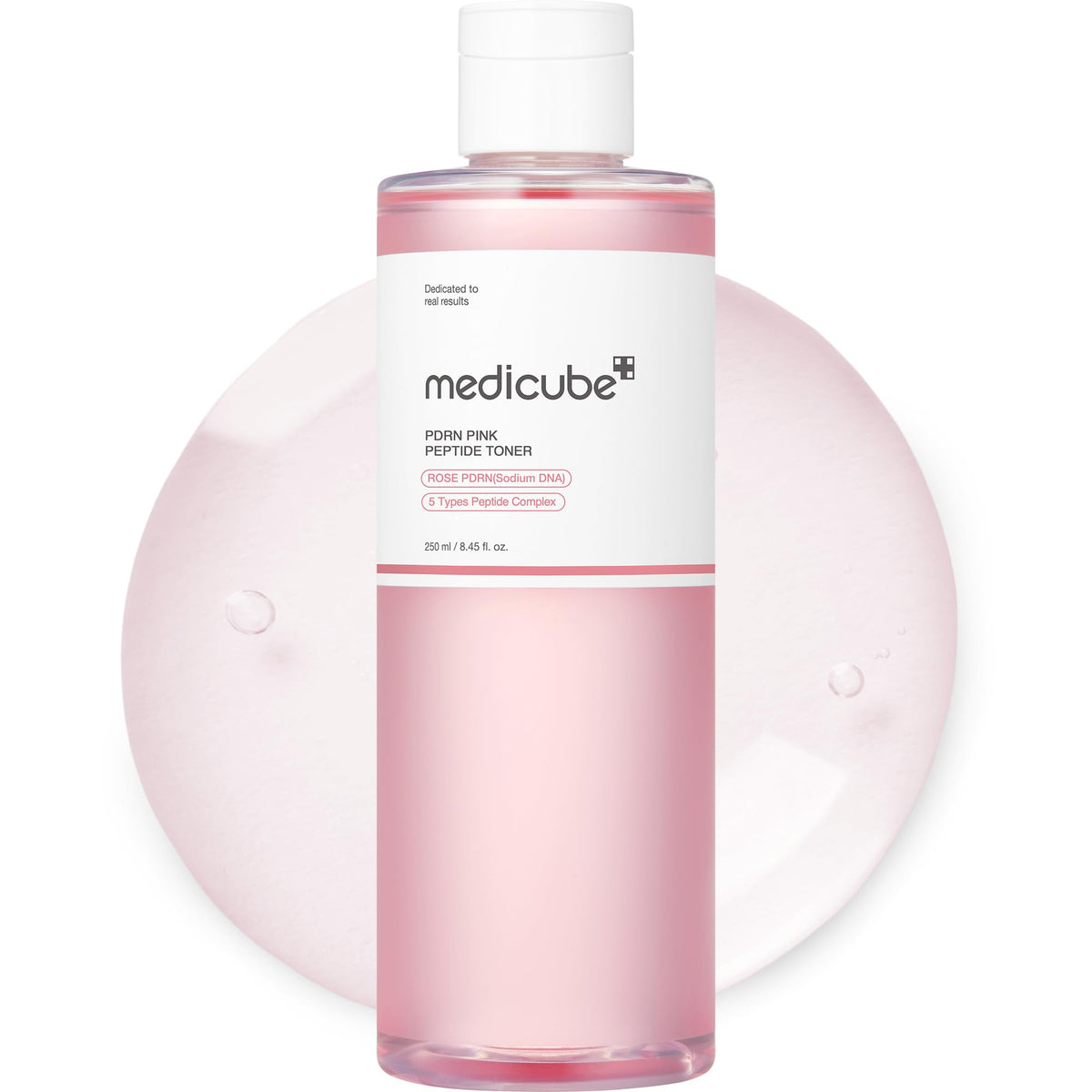 medicube tónico PDRN Rose frontal del envase mostrando color rosa y diseño elegante