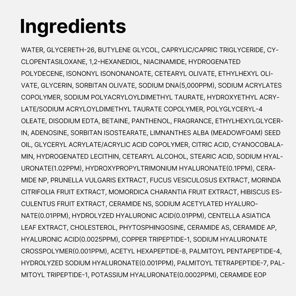 medicube etiqueta con lista de ingredientes destacando PDRN y ácido hialurónico