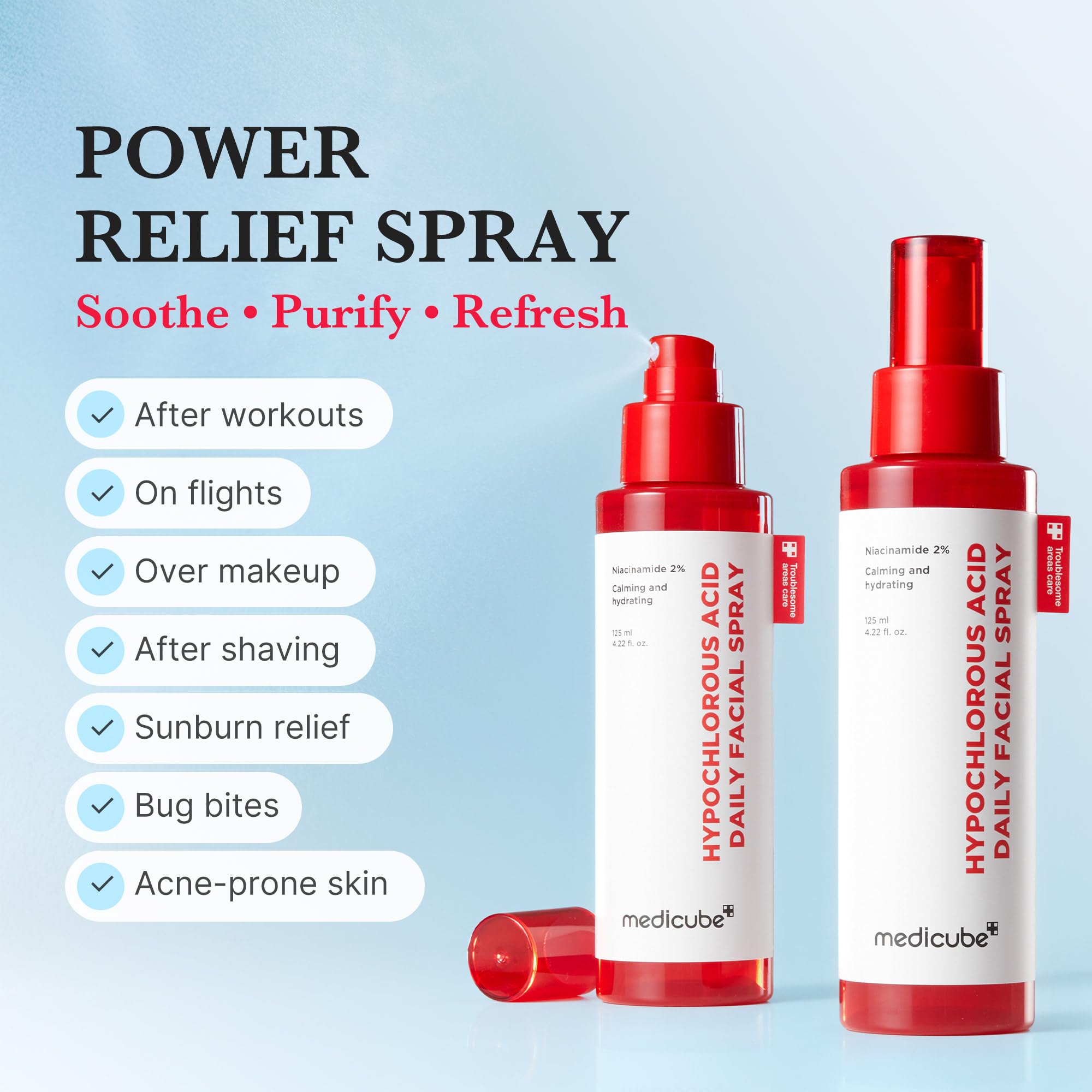 medicube rociando sobre el rostro para alivio inmediato y sensación refrescante