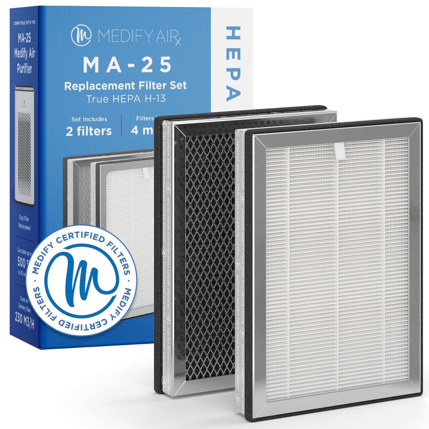 Medify Air filtro MA-25 frontal del paquete mostrando el juego completo y beneficio de ajuste original