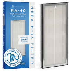 Medify Air filtro MA-40 frontal mostrando embalaje y sello de autenticidad, confianza
