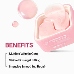 MEDIHEAL parche aplicado en rostro demostrando ajuste y efecto lifting inmediato