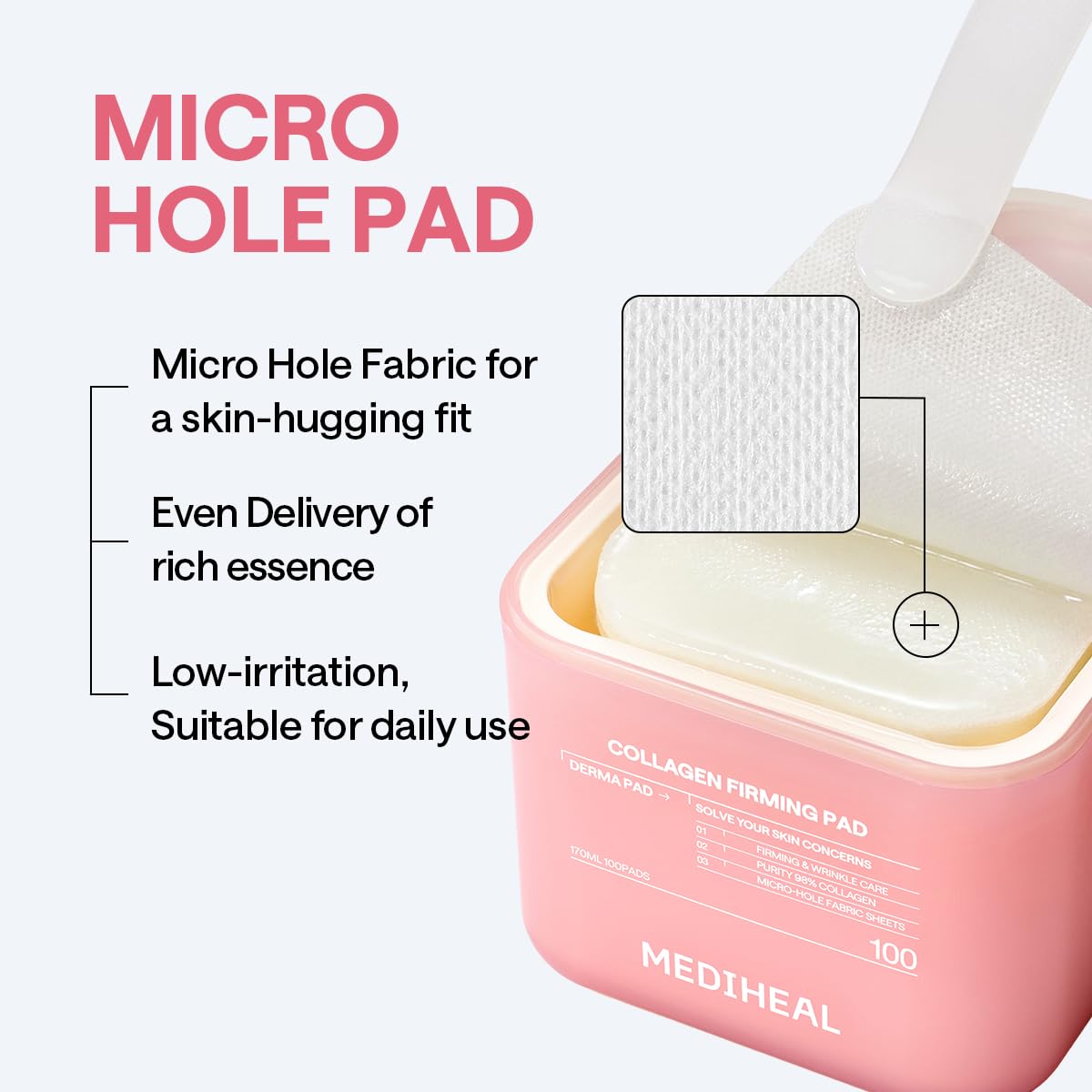 MEDIHEAL pad junto a moneda para comparar tamaño y portabilidad