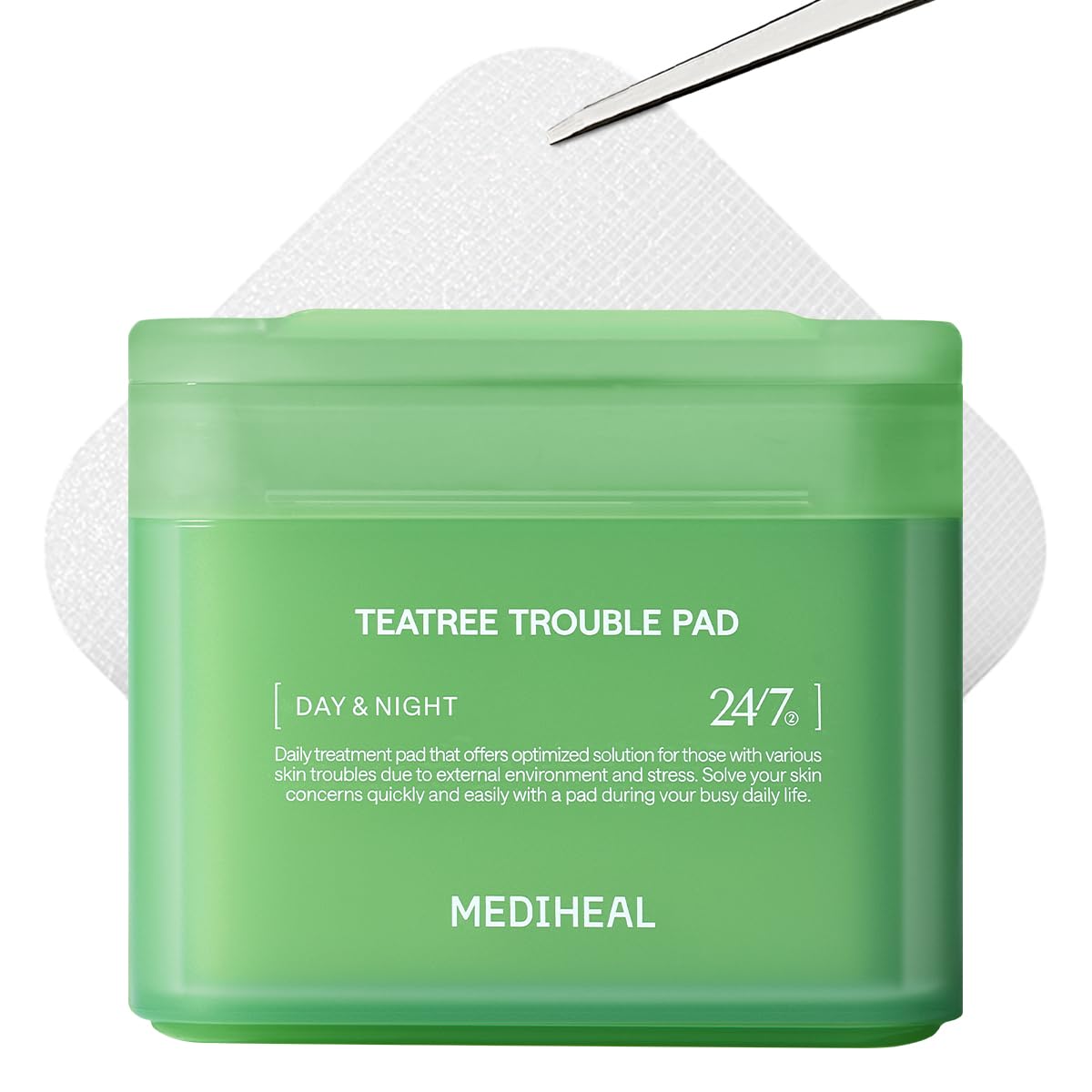 MEDIHEAL empaque frontal de pads calmantes muestra 100 unidades y beneficios