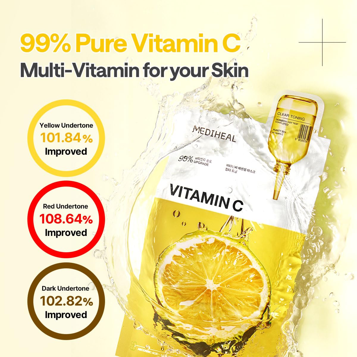 MEDIHEAL etiqueta con ingredientes destacando vitamina C y niacinamida