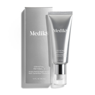 Medik8 Crystal Retinal 3 front packaging showing serum bottle, clear view and product benefit