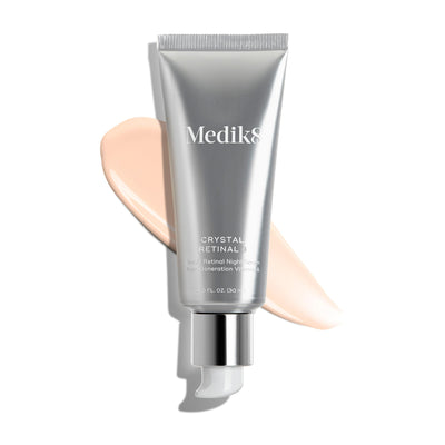Medik8 Crystal Retinal 3 in a nighttime skincare setup showing practical layering and results